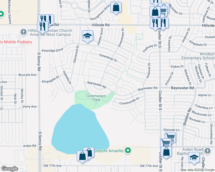 map of restaurants, bars, coffee shops, grocery stores, and more near 7806 Bayswater Road in Amarillo