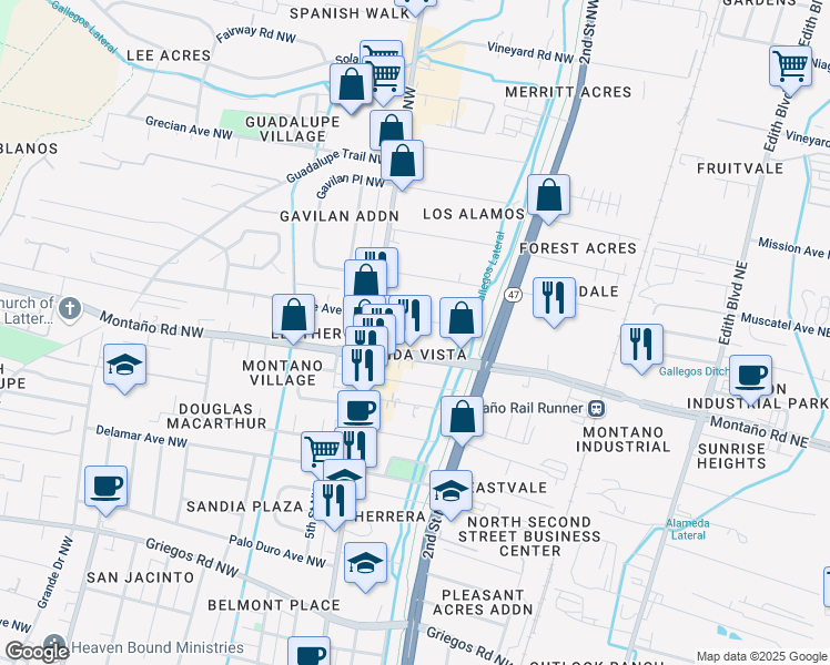map of restaurants, bars, coffee shops, grocery stores, and more near 223 Montaño Road Northwest in Albuquerque