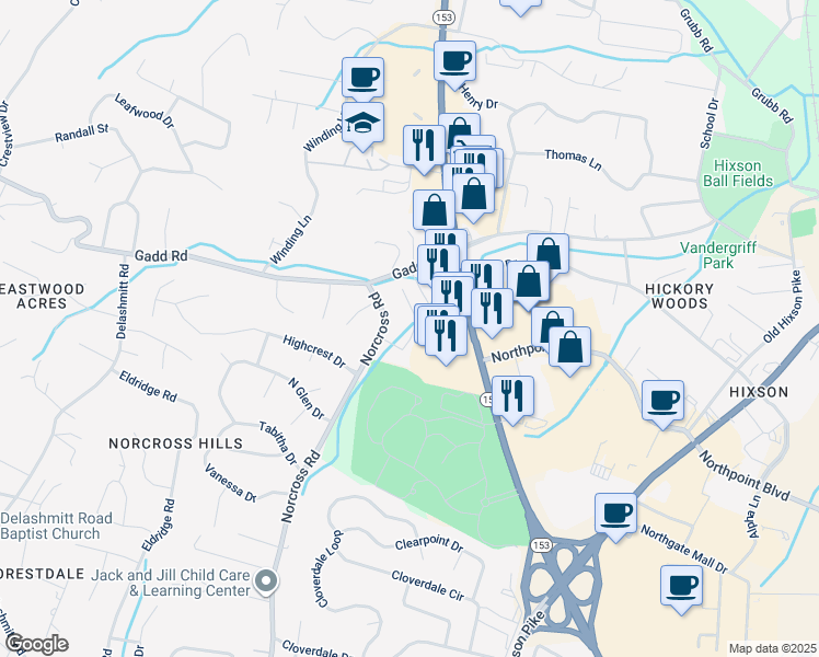 map of restaurants, bars, coffee shops, grocery stores, and more near 4705 Metro Park Lane in Chattanooga