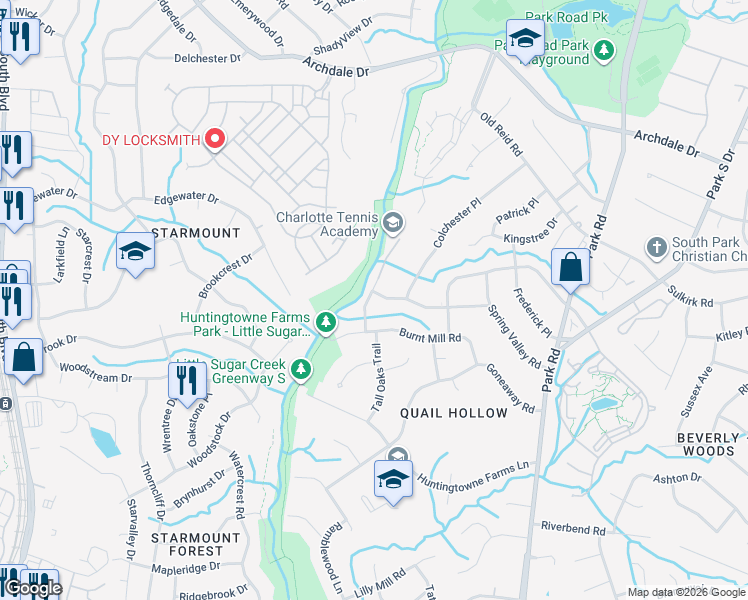 map of restaurants, bars, coffee shops, grocery stores, and more near 6317 Birmingham Drive in Charlotte