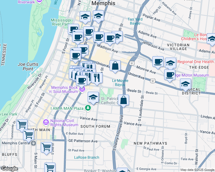 map of restaurants, bars, coffee shops, grocery stores, and more near 386 Beale Street in Memphis