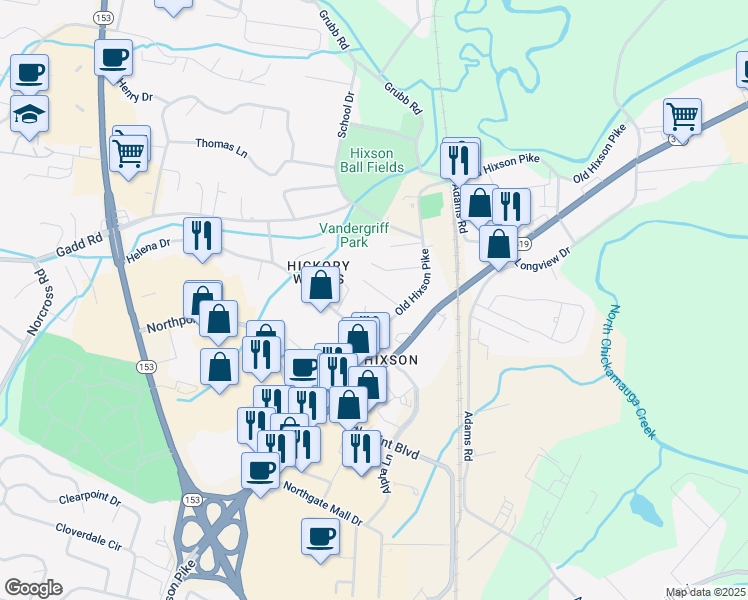 map of restaurants, bars, coffee shops, grocery stores, and more near 5221 Old Hixson Pike in Chattanooga