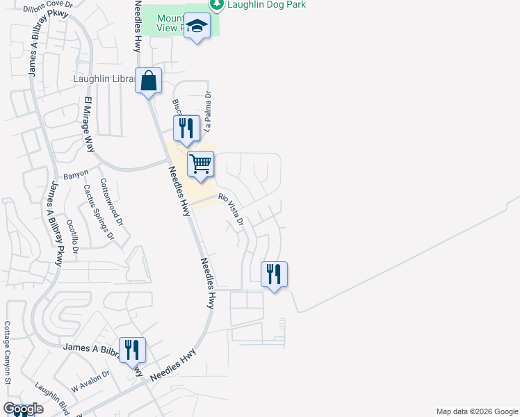 map of restaurants, bars, coffee shops, grocery stores, and more near 3176 Arroya Court in Laughlin