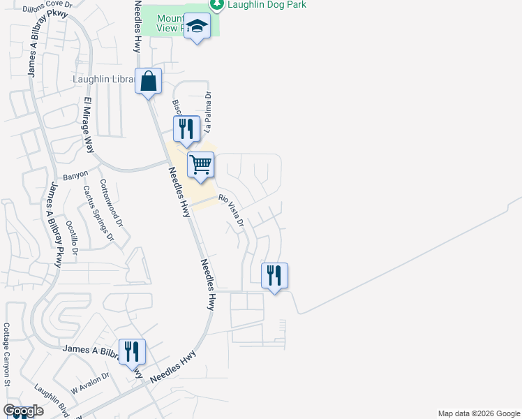 map of restaurants, bars, coffee shops, grocery stores, and more near 3176 Arroya Court in Laughlin
