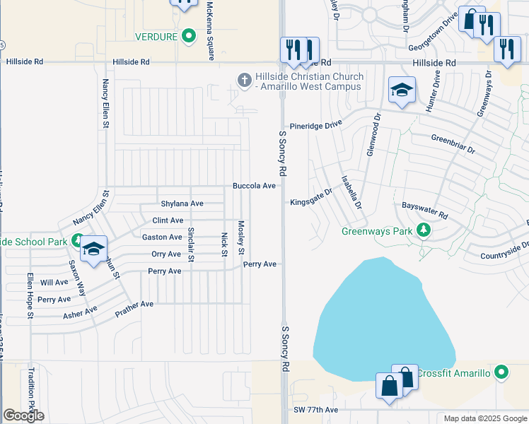 map of restaurants, bars, coffee shops, grocery stores, and more near 6650 South Soncy Road in Amarillo