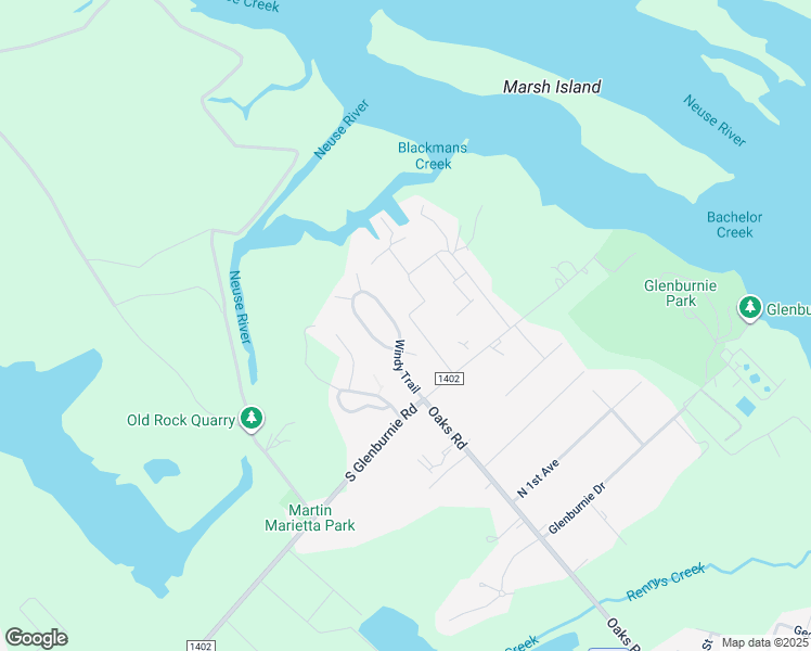 map of restaurants, bars, coffee shops, grocery stores, and more near 3819 Windy Trail in New Bern