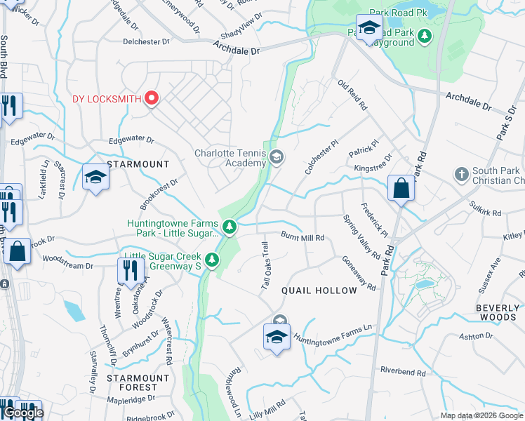 map of restaurants, bars, coffee shops, grocery stores, and more near 6317 Birmingham Drive in Charlotte