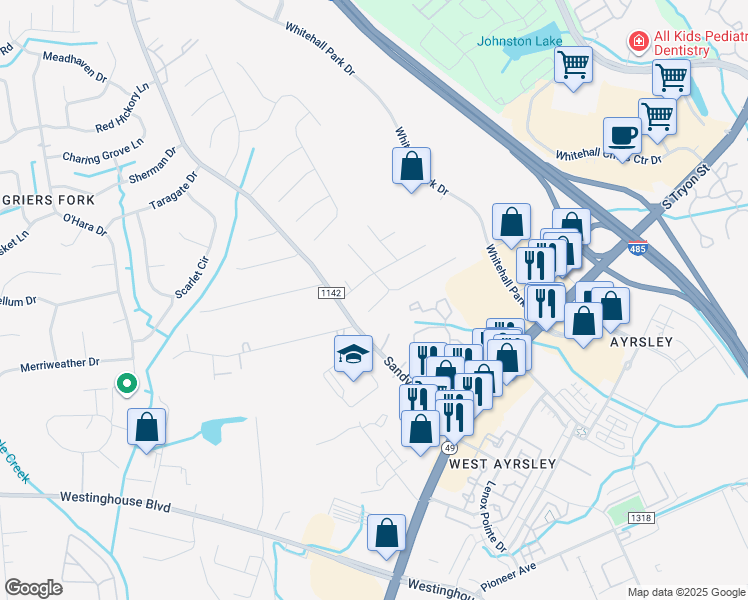 map of restaurants, bars, coffee shops, grocery stores, and more near 9024 Blueshot Court in Charlotte