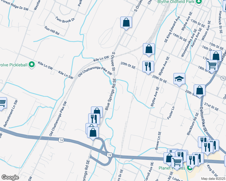 map of restaurants, bars, coffee shops, grocery stores, and more near 623-1197 Blue Springs Rd in Cleveland