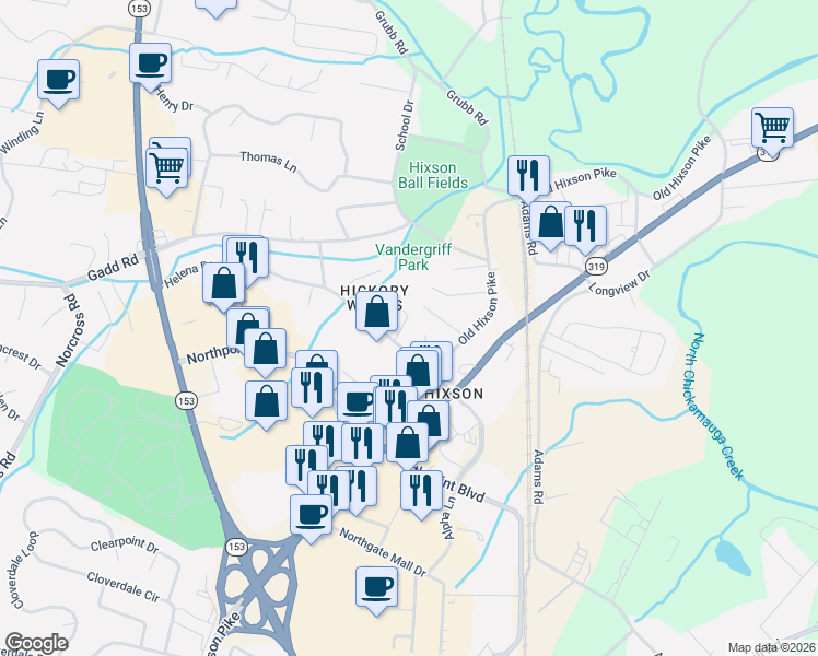 map of restaurants, bars, coffee shops, grocery stores, and more near 5210 Hickory Woods Lane in Chattanooga