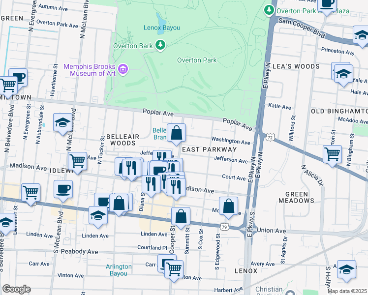 map of restaurants, bars, coffee shops, grocery stores, and more near in Memphis
