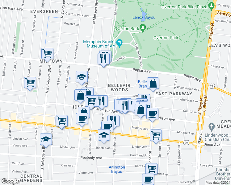 map of restaurants, bars, coffee shops, grocery stores, and more near 1965 Jefferson Avenue in Memphis