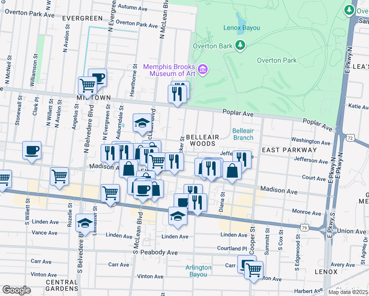 map of restaurants, bars, coffee shops, grocery stores, and more near 57 North Tucker Street in Memphis