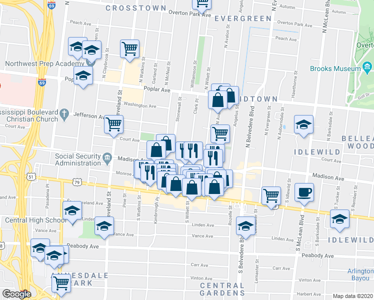 map of restaurants, bars, coffee shops, grocery stores, and more near 1528 Madison Avenue in Memphis