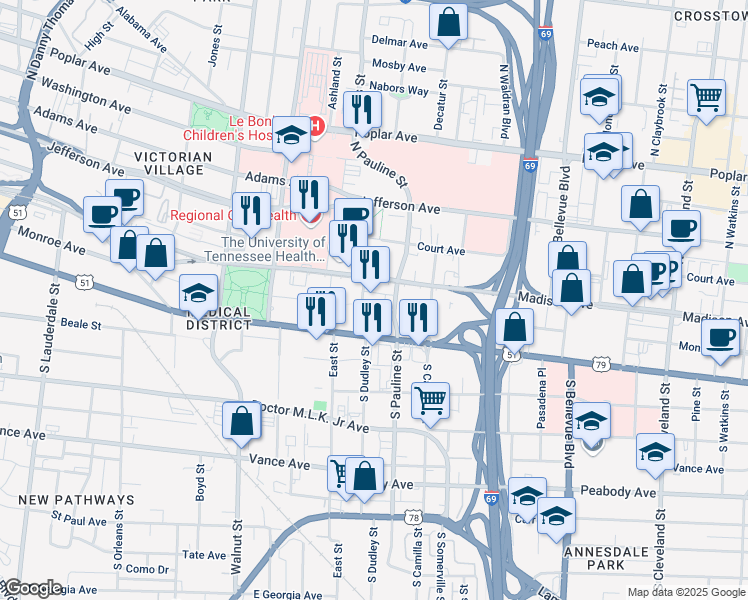 map of restaurants, bars, coffee shops, grocery stores, and more near 1003 Monroe Avenue in Memphis