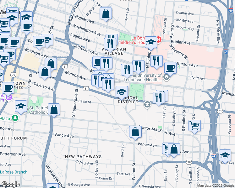 map of restaurants, bars, coffee shops, grocery stores, and more near 718 Union Avenue in Memphis