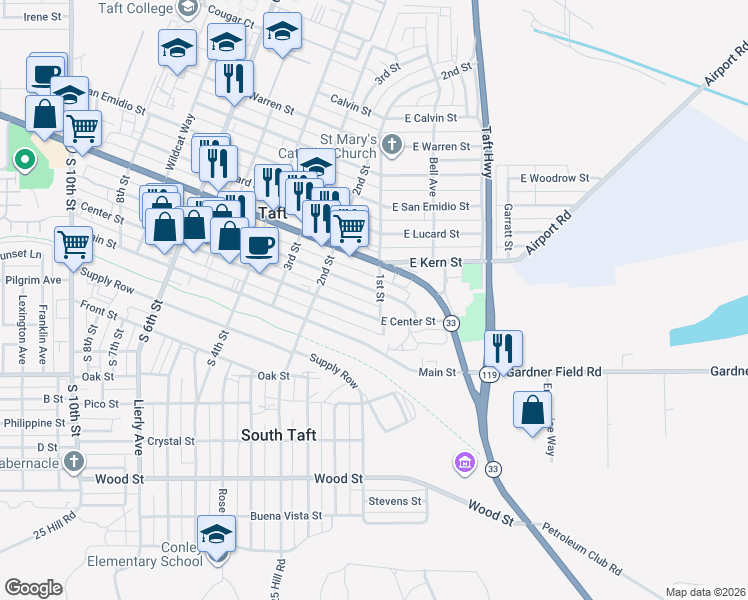 map of restaurants, bars, coffee shops, grocery stores, and more near 104 Center Street in Taft