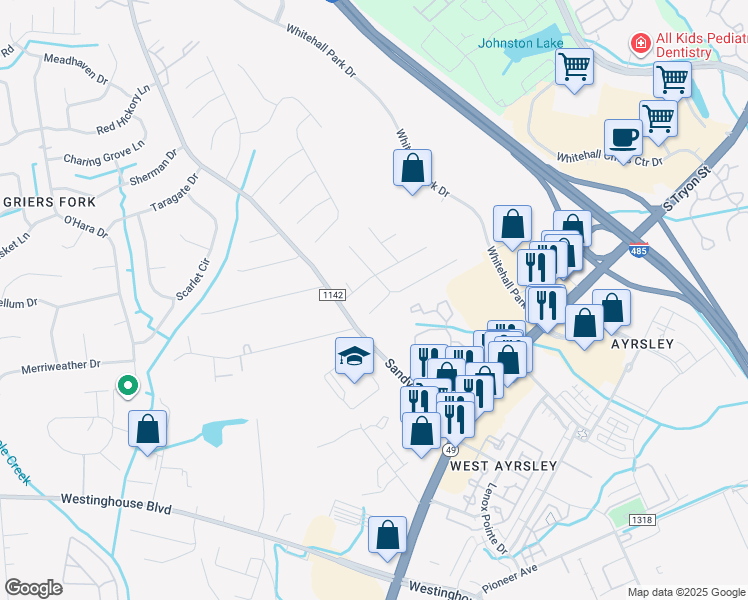 map of restaurants, bars, coffee shops, grocery stores, and more near 9024 Blueshot Court in Charlotte