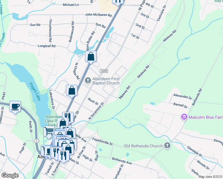 map of restaurants, bars, coffee shops, grocery stores, and more near 711 North Sycamore Street in Aberdeen