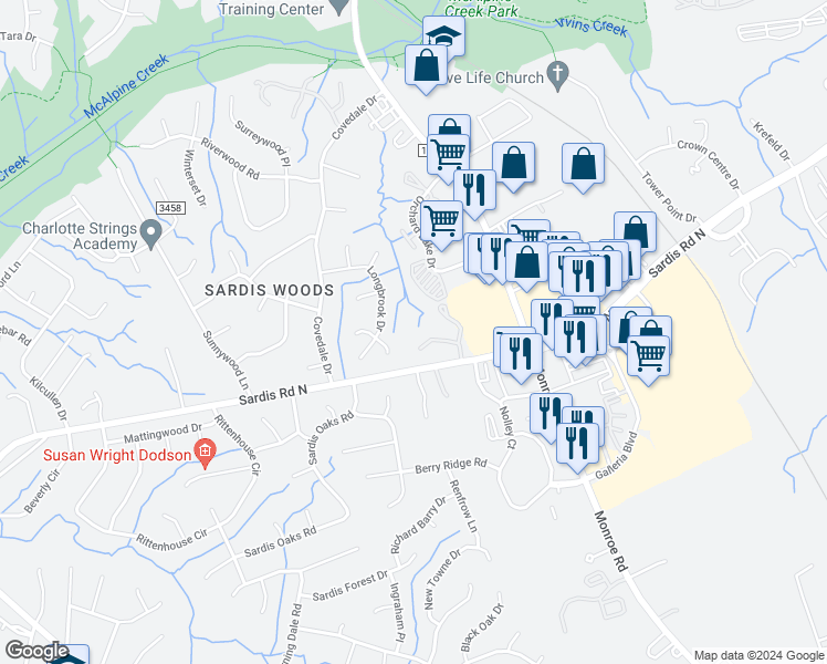 map of restaurants, bars, coffee shops, grocery stores, and more near 1213 Maple Shade Lane in Charlotte