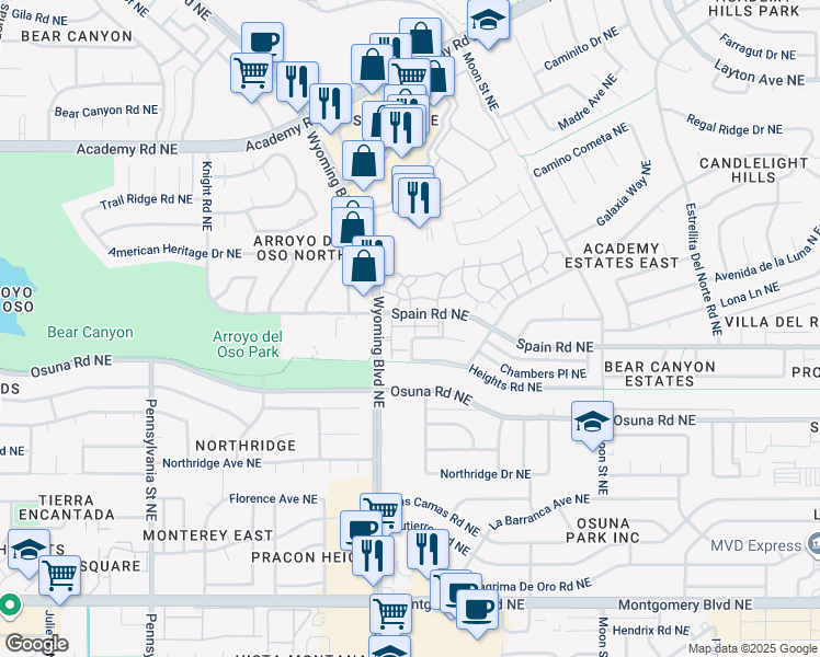 map of restaurants, bars, coffee shops, grocery stores, and more near 5222 Wyoming Boulevard Northeast in Albuquerque