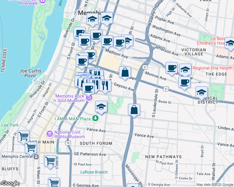 map of restaurants, bars, coffee shops, grocery stores, and more near 386 Beale Street in Memphis