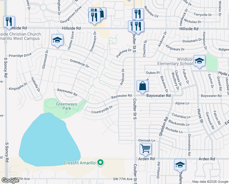 map of restaurants, bars, coffee shops, grocery stores, and more near 7601 Norwood Drive in Amarillo