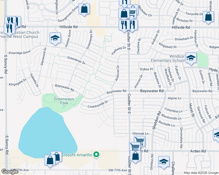 map of restaurants, bars, coffee shops, grocery stores, and more near 7601 Norwood Drive in Amarillo