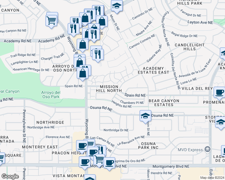 map of restaurants, bars, coffee shops, grocery stores, and more near 8440 Chambers Court Northeast in Albuquerque