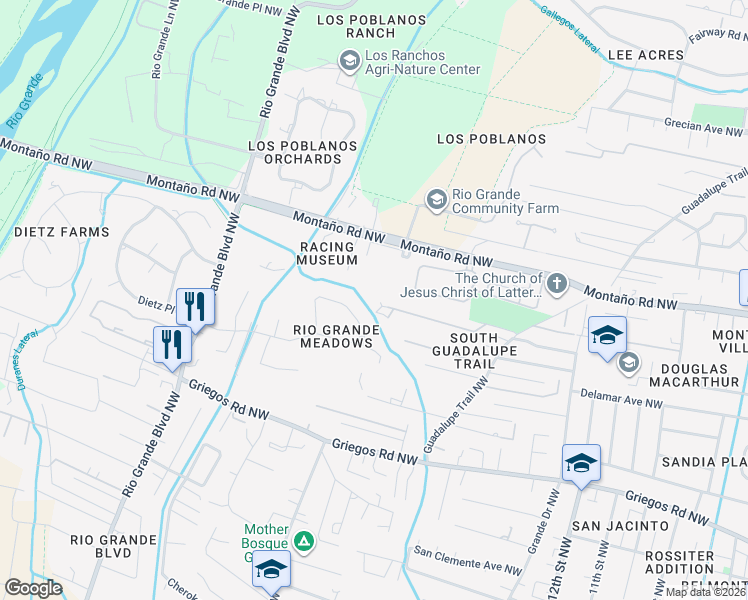 map of restaurants, bars, coffee shops, grocery stores, and more near 1650 Rancho Guadalupe Trail in Albuquerque