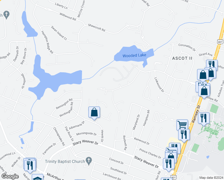 map of restaurants, bars, coffee shops, grocery stores, and more near 5823 Cherrystone Drive in Fayetteville