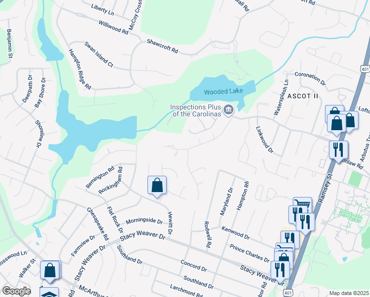 map of restaurants, bars, coffee shops, grocery stores, and more near 5823 Cherrystone Drive in Fayetteville