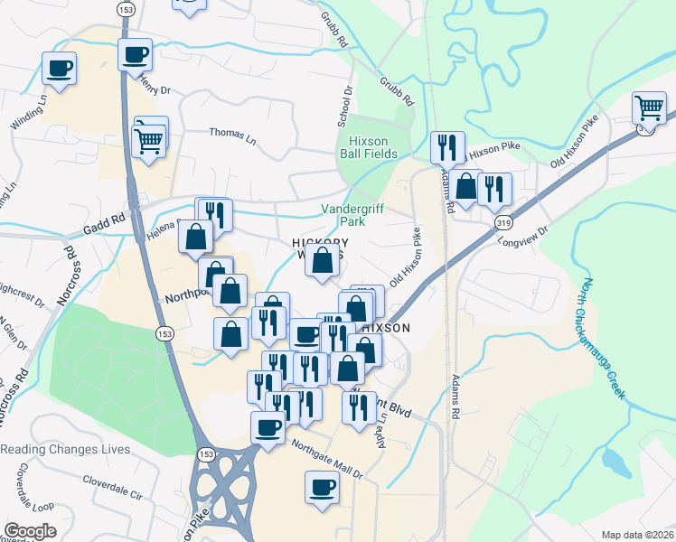 map of restaurants, bars, coffee shops, grocery stores, and more near 5210 Hickory Woods Lane in Chattanooga