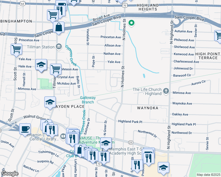 map of restaurants, bars, coffee shops, grocery stores, and more near 3240 North Waynoka Circle in Memphis