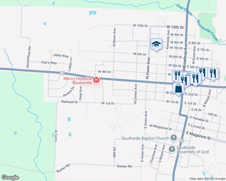 map of restaurants, bars, coffee shops, grocery stores, and more near 100-198 North Nixon Avenue in Booneville