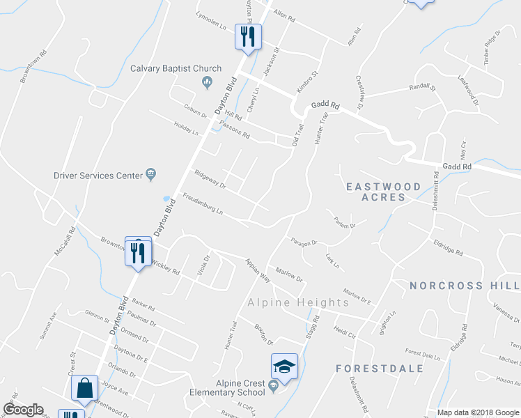 map of restaurants, bars, coffee shops, grocery stores, and more near 400 Ridgeway Drive in Chattanooga