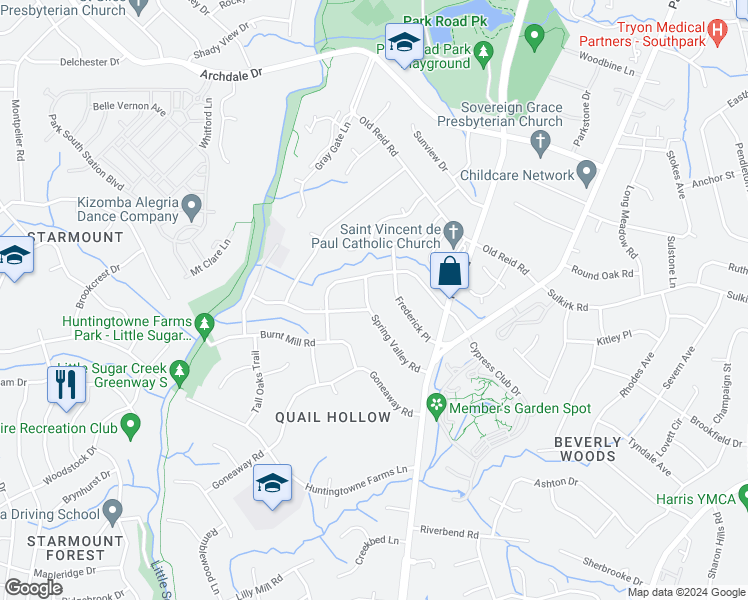 map of restaurants, bars, coffee shops, grocery stores, and more near 3021 Finley Place in Charlotte