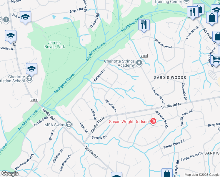 map of restaurants, bars, coffee shops, grocery stores, and more near 7308 Kilcullen Drive in Charlotte
