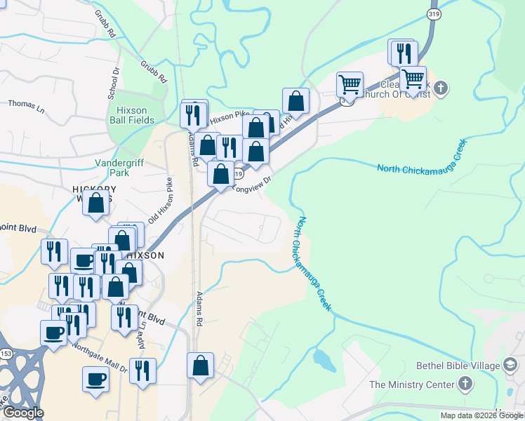 map of restaurants, bars, coffee shops, grocery stores, and more near 5435 Mandarin Circle in Chattanooga