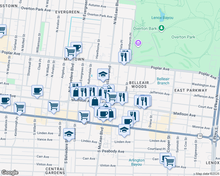 map of restaurants, bars, coffee shops, grocery stores, and more near 1857 Jefferson Avenue in Memphis