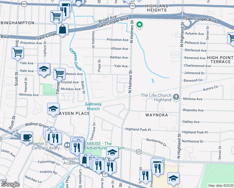 map of restaurants, bars, coffee shops, grocery stores, and more near 281 West Johnson Circle in Memphis