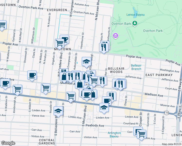 map of restaurants, bars, coffee shops, grocery stores, and more near 1874 Court Avenue in Memphis