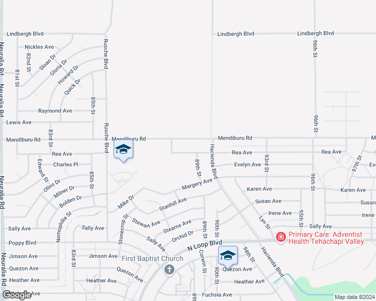 map of restaurants, bars, coffee shops, grocery stores, and more near Rea Avenue in California City