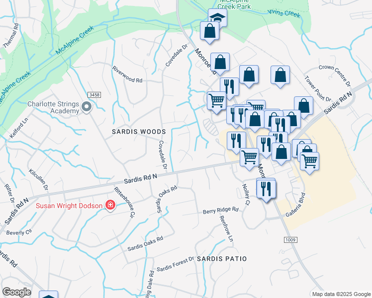 map of restaurants, bars, coffee shops, grocery stores, and more near 1434 Longbrook Drive in Charlotte