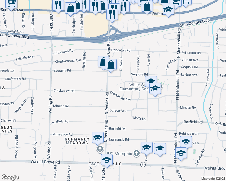 map of restaurants, bars, coffee shops, grocery stores, and more near 4649 Chickasaw Road in Memphis