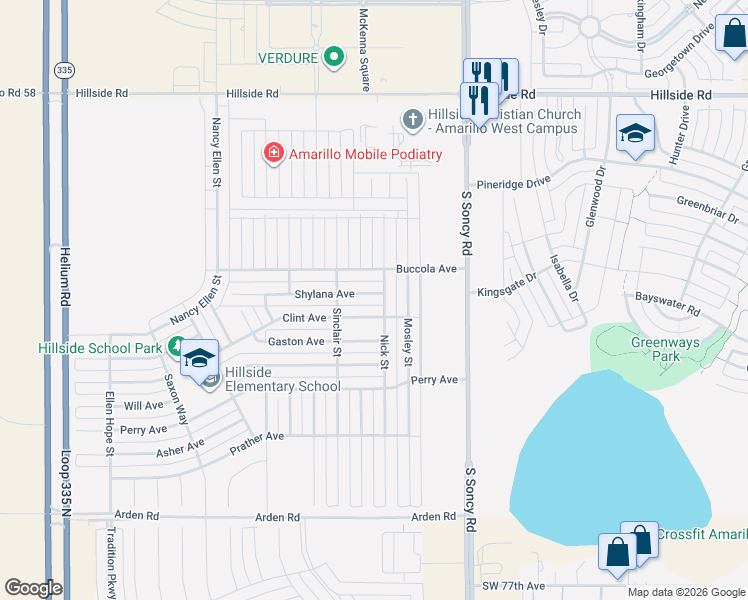map of restaurants, bars, coffee shops, grocery stores, and more near 6711 Nick Street in Amarillo