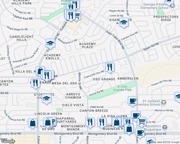 map of restaurants, bars, coffee shops, grocery stores, and more near 10332 Cueva Del Oso Northeast in Albuquerque