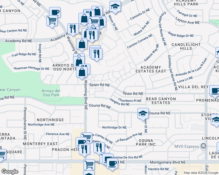map of restaurants, bars, coffee shops, grocery stores, and more near 8440 Chambers Court Northeast in Albuquerque