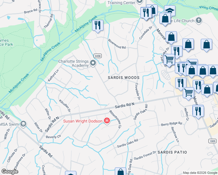 map of restaurants, bars, coffee shops, grocery stores, and more near 700 Harps Mill Court in Charlotte