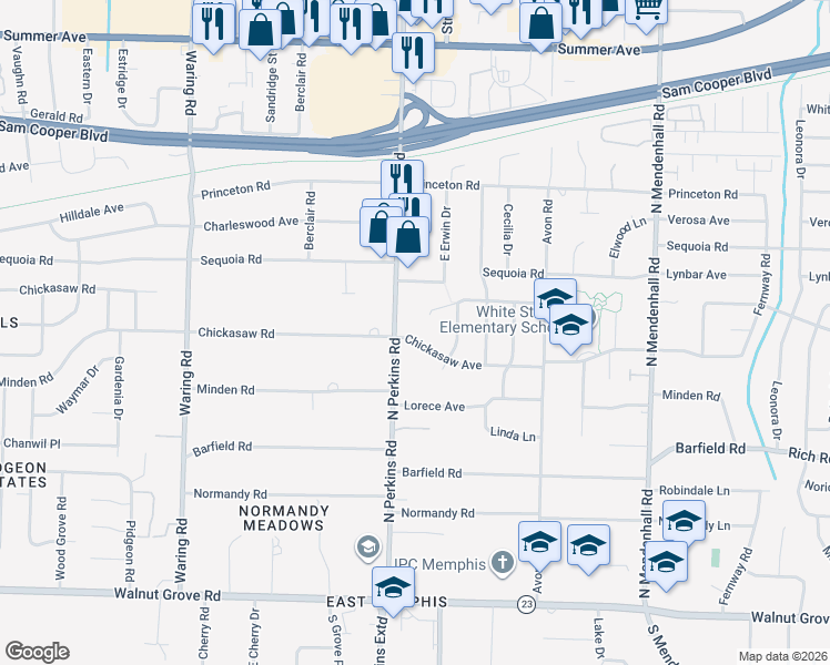 map of restaurants, bars, coffee shops, grocery stores, and more near 4649 Chickasaw Road in Memphis